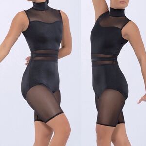 WEISSMAN Elite Dance Costume unitard black mesh You Are Enough 14524 IC 7/8